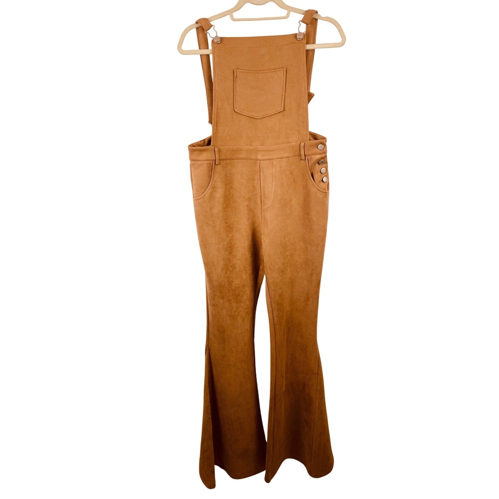 Wisteria Lane Tan Faux Suede Flare Bell Bottom Overall Jumpsuit Retro Boho Large